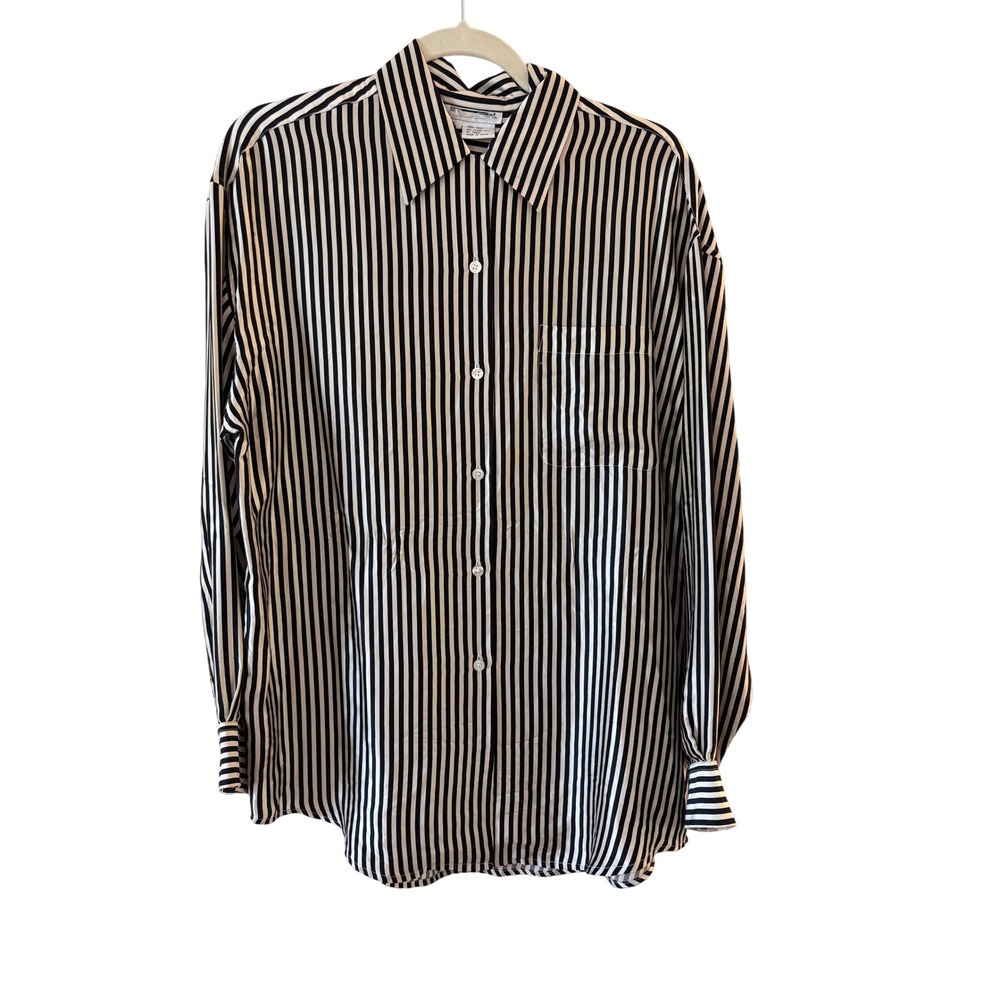 Vintage 100% Silk Striped Button Down Shirt‎ Black Cream Long Sleeve Blouse L
